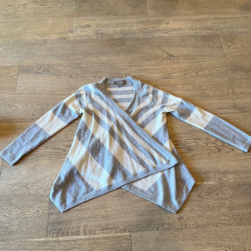 ply cashmere Gray and Cream Striped Wrap Cardigan